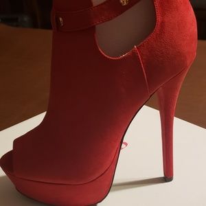 Red faux suade open toe bootie